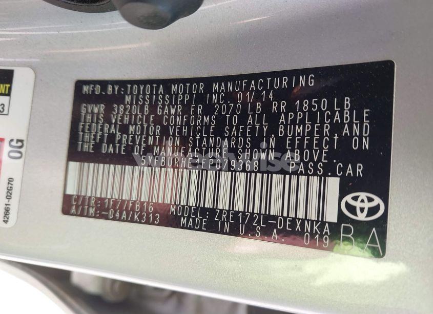 Photo 9 of 2014 Toyota Corolla LE (VIN 5YFBURHE1EP079368)