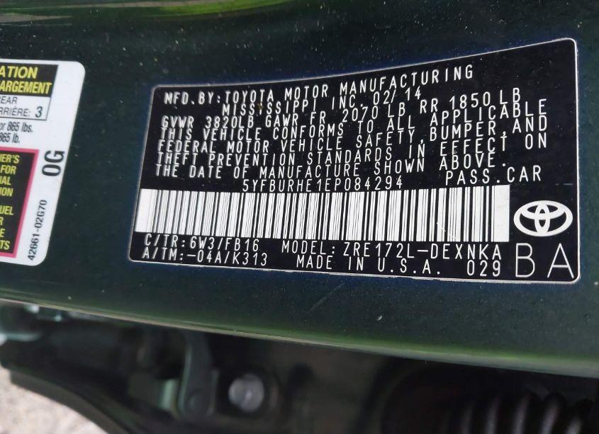 Photo 9 of 2014 Toyota Corolla LE (VIN 5YFBURHE1EP084294)