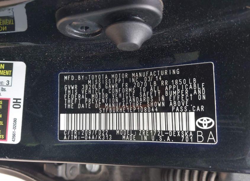 Photo 9 of 2014 Toyota Corolla S PLUS (VIN 5YFBURHE1EP108044)