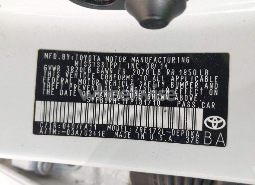 Photo 9 of 2015 Toyota Corolla L (VIN 5YFBURHE1FP181710)