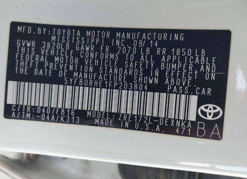 Photo 9 of 2015 Toyota Corolla LE PLUS (VIN 5YFBURHE1FP203804)