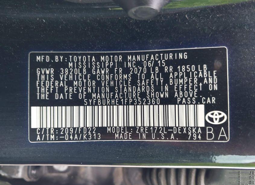 Photo 9 of 2015 Toyota Corolla S PLUS (VIN 5YFBURHE1FP352360)