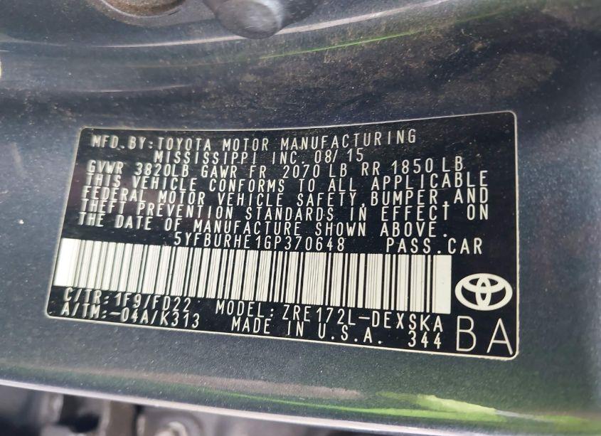 Photo 9 of 2016 Toyota Corolla S PLUS (VIN 5YFBURHE1GP370648)