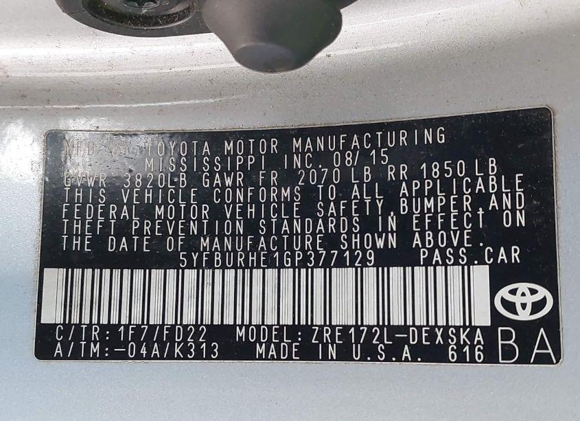 Photo 9 of 2016 Toyota Corolla S PLUS (VIN 5YFBURHE1GP377129)