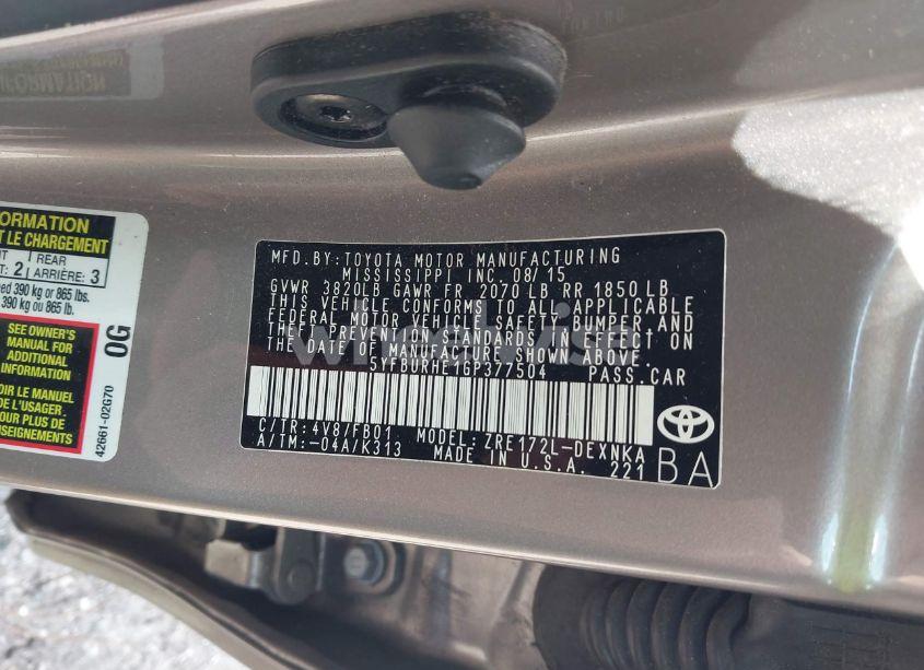 Photo 9 of 2016 Toyota Corolla LE (VIN 5YFBURHE1GP377504)