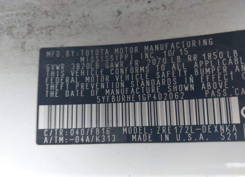 Photo 9 of 2016 Toyota Corolla LE (VIN 5YFBURHE1GP402062)