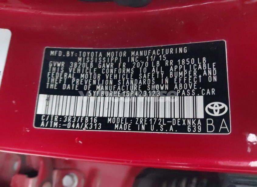 Photo 9 of 2016 Toyota Corolla LE (VIN 5YFBURHE1GP423123)