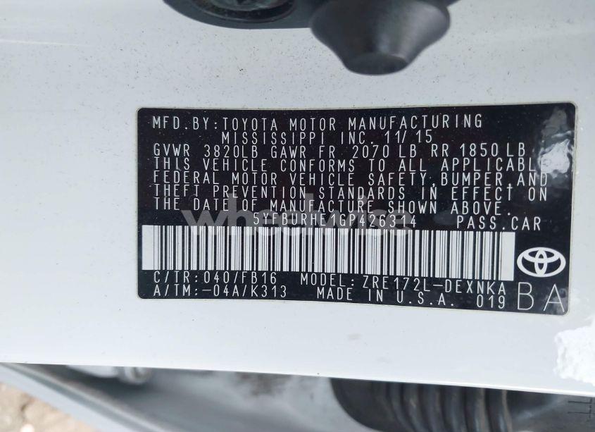 Photo 9 of 2016 Toyota Corolla LE PLUS (VIN 5YFBURHE1GP426314)