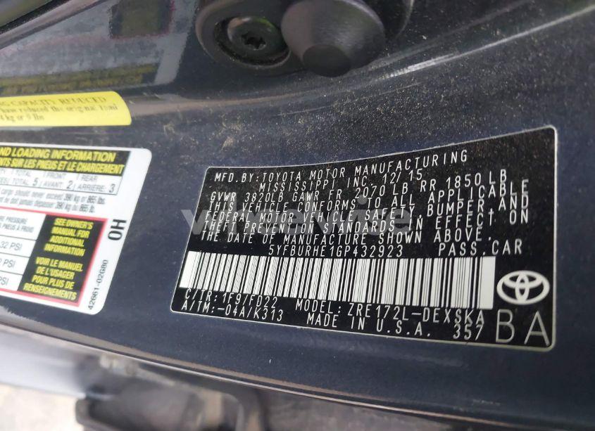 Photo 9 of 2016 Toyota Corolla S PLUS (VIN 5YFBURHE1GP432923)