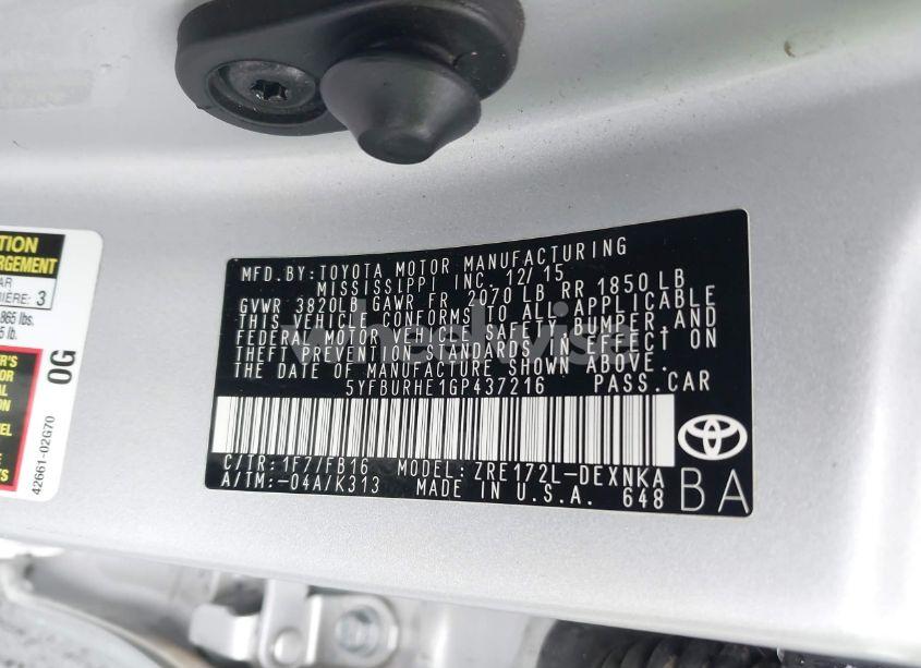 Photo 9 of 2016 Toyota Corolla LE PLUS (VIN 5YFBURHE1GP437216)