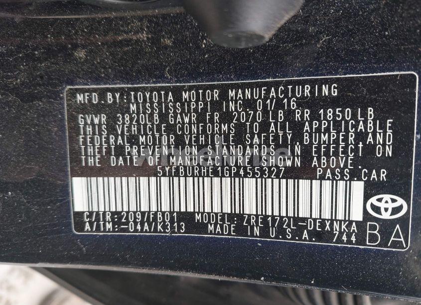 Photo 9 of 2016 Toyota Corolla LE (VIN 5YFBURHE1GP455327)