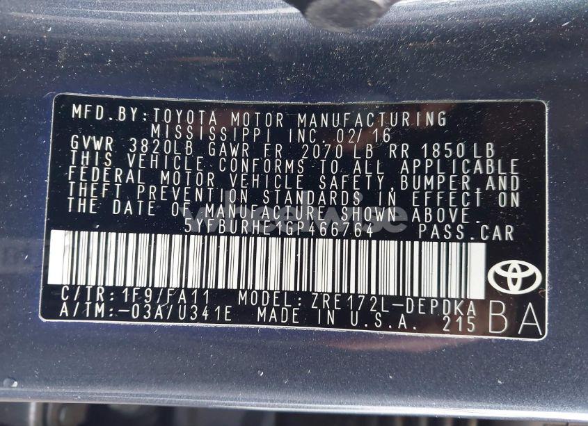 Photo 9 of 2016 Toyota Corolla L (VIN 5YFBURHE1GP466764)