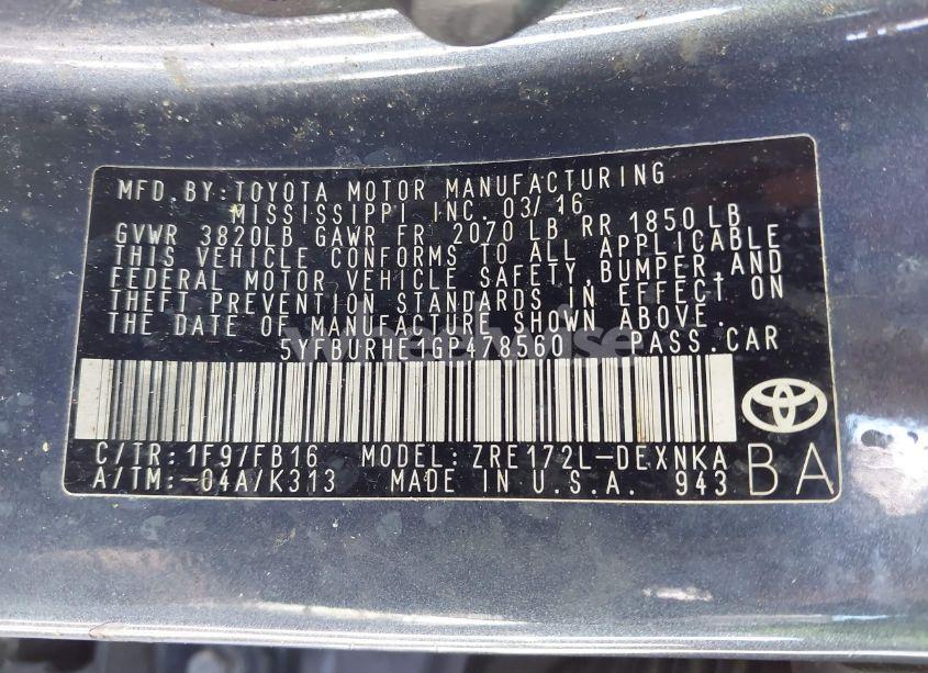 Photo 9 of 2016 Toyota Corolla LE (VIN 5YFBURHE1GP478560)