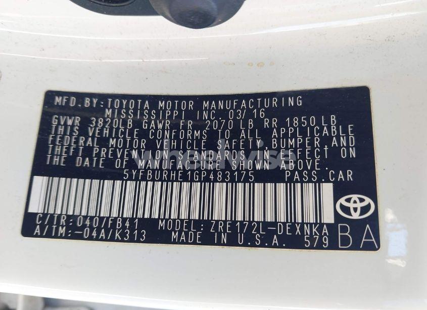 Photo 9 of 2016 Toyota Corolla LE (VIN 5YFBURHE1GP483175)