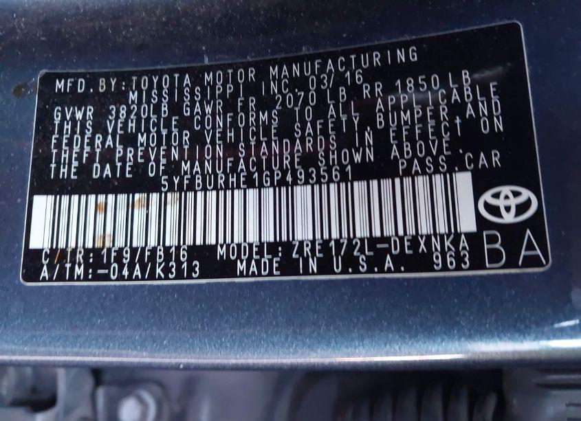 Photo 9 of 2016 Toyota Corolla LE (VIN 5YFBURHE1GP493561)