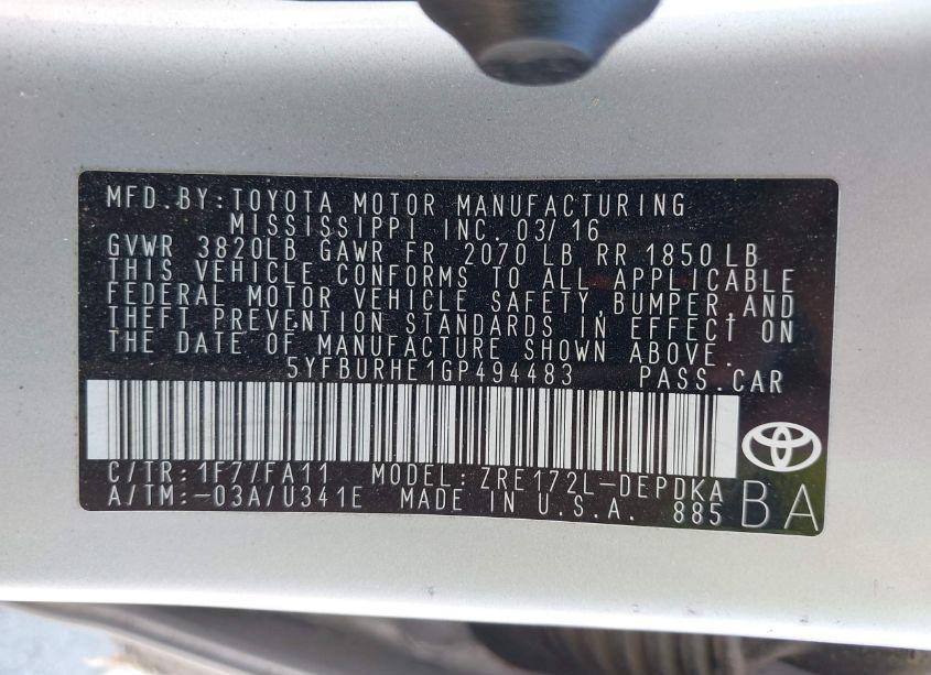 Photo 9 of 2016 Toyota Corolla L (VIN 5YFBURHE1GP494483)