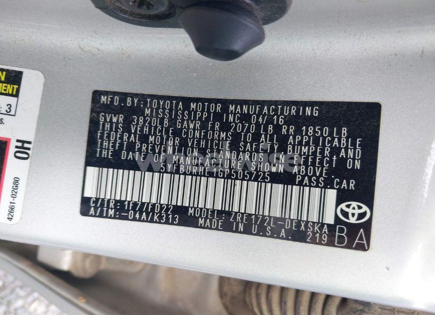 Photo 9 of 2016 Toyota Corolla S PLUS (VIN 5YFBURHE1GP505725)