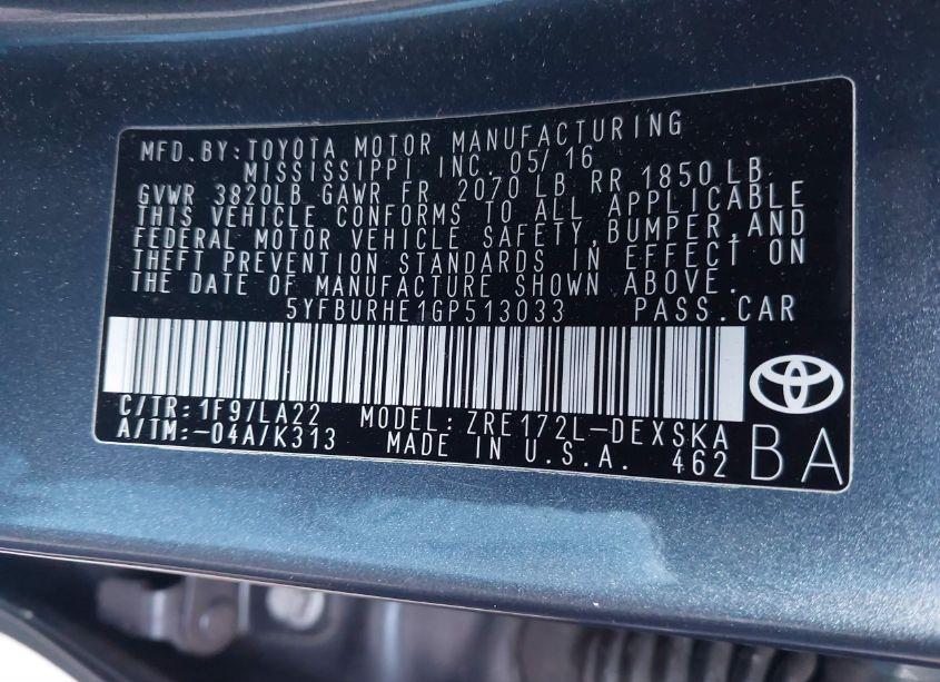 Photo 9 of 2016 Toyota Corolla S PREMIUM (VIN 5YFBURHE1GP513033)