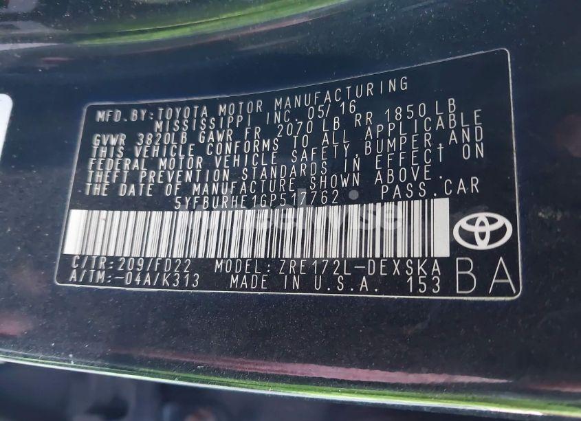 Photo 9 of 2016 Toyota Corolla S PLUS (VIN 5YFBURHE1GP517762)