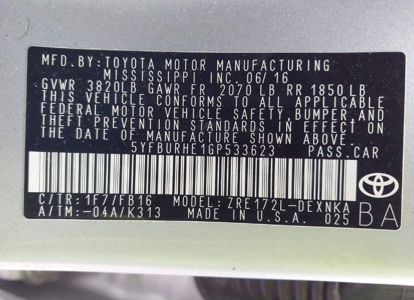 Photo 9 of 2016 Toyota Corolla LE (VIN 5YFBURHE1GP533623)