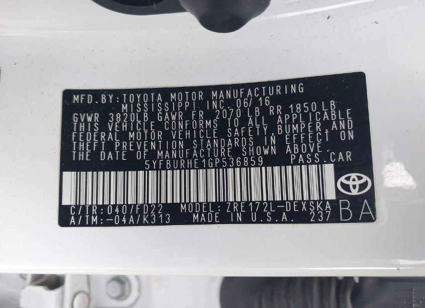 Photo 9 of 2016 Toyota Corolla S PLUS (VIN 5YFBURHE1GP536859)