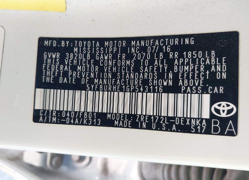 Photo 9 of 2016 Toyota Corolla LE PLUS (VIN 5YFBURHE1GP543116)