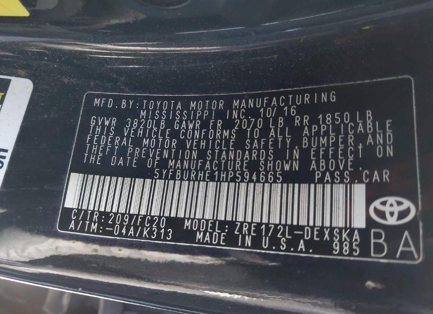 Photo 9 of 2017 Toyota Corolla SE (VIN 5YFBURHE1HP594665)