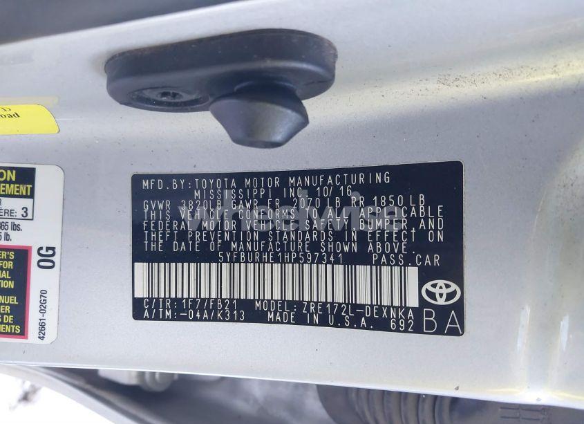 Photo 9 of 2017 Toyota Corolla LE (VIN 5YFBURHE1HP597341)