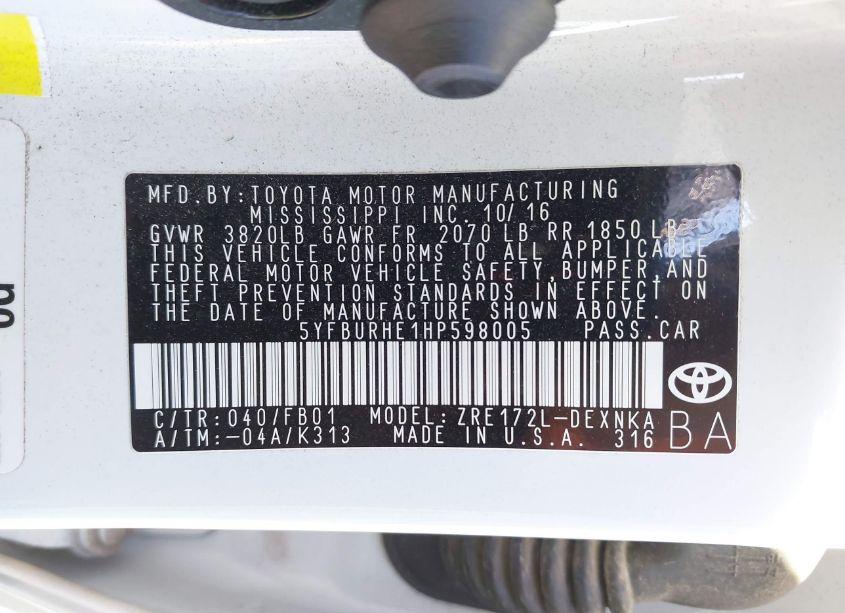 Photo 9 of 2017 Toyota Corolla LE (VIN 5YFBURHE1HP598005)