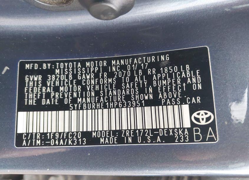 Photo 9 of 2017 Toyota Corolla SE (VIN 5YFBURHE1HP633951)