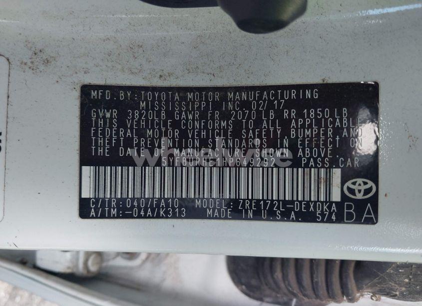 Photo 9 of 2017 Toyota Corolla L (VIN 5YFBURHE1HP649292)