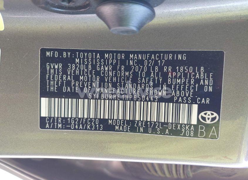 Photo 9 of 2017 Toyota Corolla SE (VIN 5YFBURHE1HP650443)