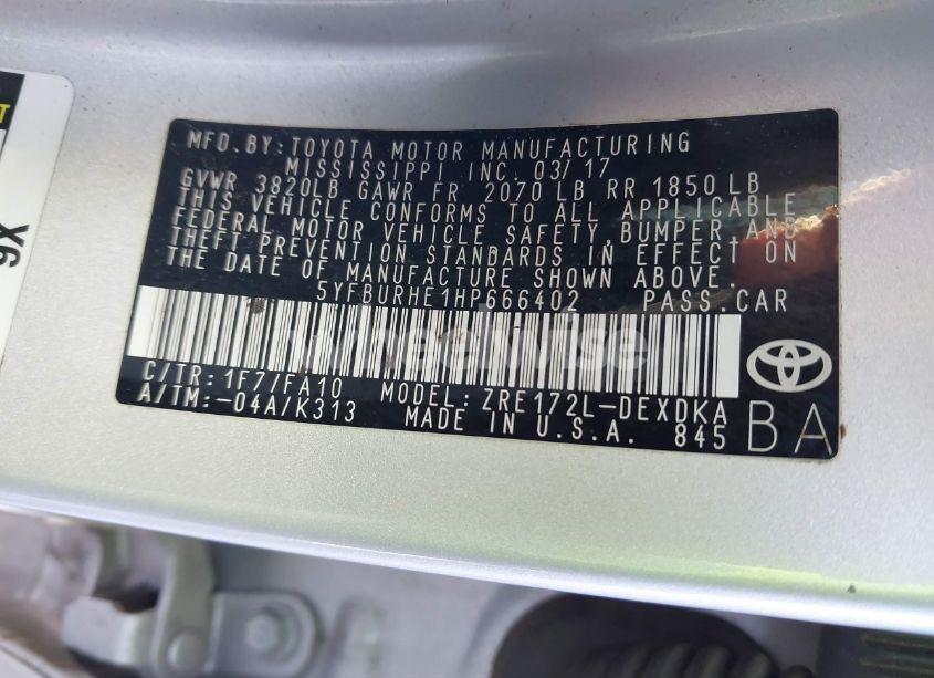 Photo 9 of 2017 Toyota Corolla L (VIN 5YFBURHE1HP666402)