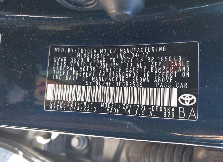 Photo 9 of 2017 Toyota Corolla LE (VIN 5YFBURHE1HP683569)