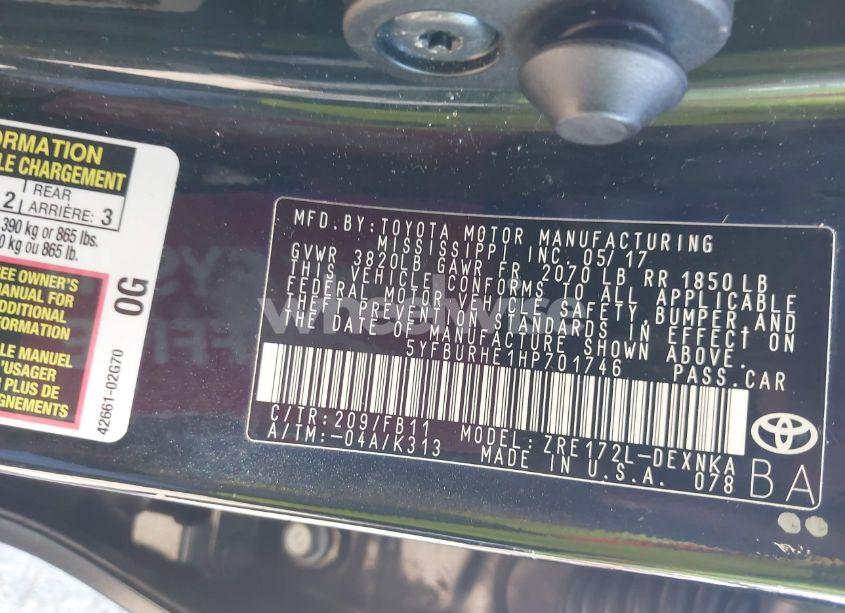 Photo 9 of 2017 Toyota Corolla LE (VIN 5YFBURHE1HP701746)