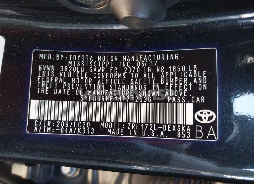 Photo 9 of 2017 Toyota Corolla SE (VIN 5YFBURHE1HP712536)