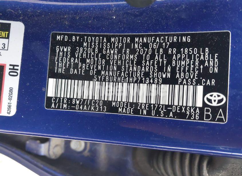 Photo 9 of 2017 Toyota Corolla SE (VIN 5YFBURHE1HP713489)