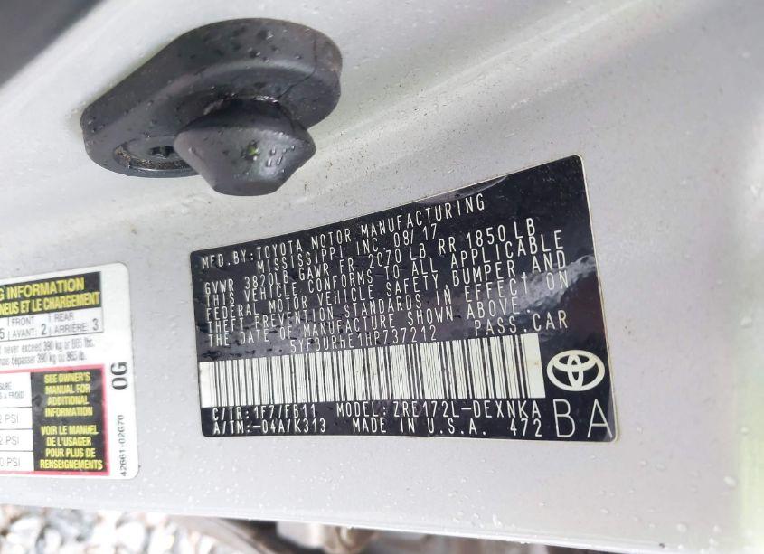 Photo 9 of 2017 Toyota Corolla LE (VIN 5YFBURHE1HP737212)