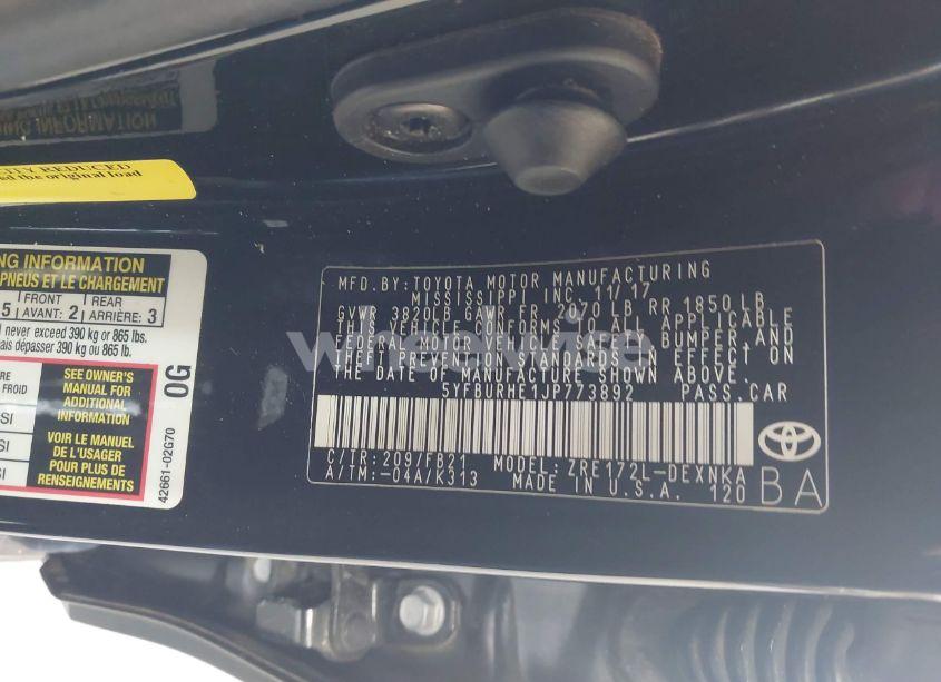 Photo 9 of 2018 Toyota Corolla LE (VIN 5YFBURHE1JP773892)