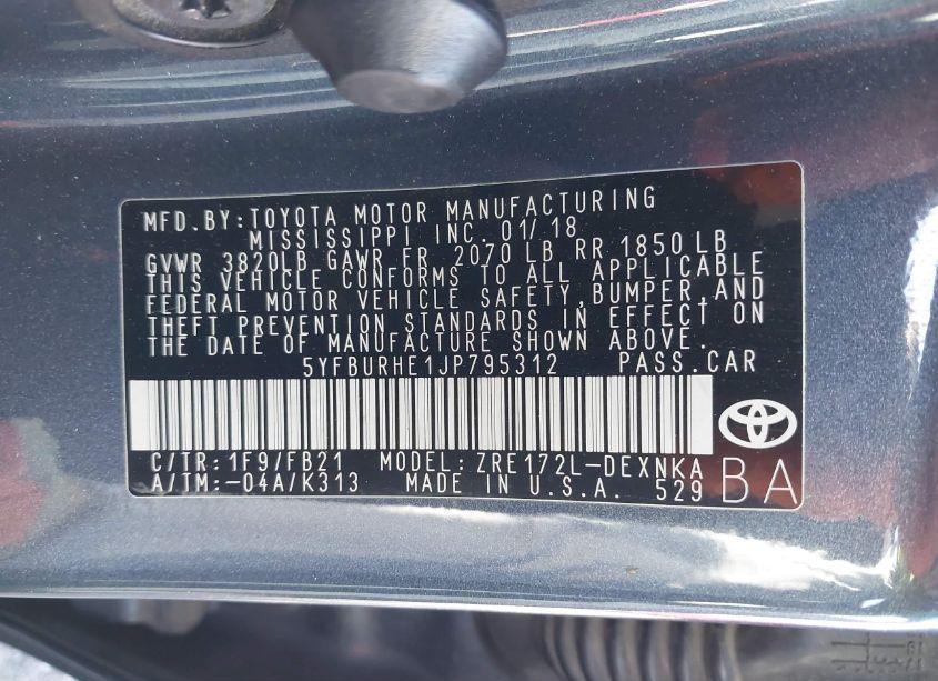 Photo 9 of 2018 Toyota Corolla LE (VIN 5YFBURHE1JP795312)