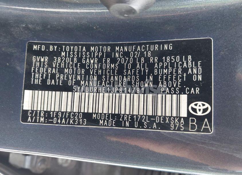 Photo 9 of 2018 Toyota Corolla SE (VIN 5YFBURHE1JP814781)