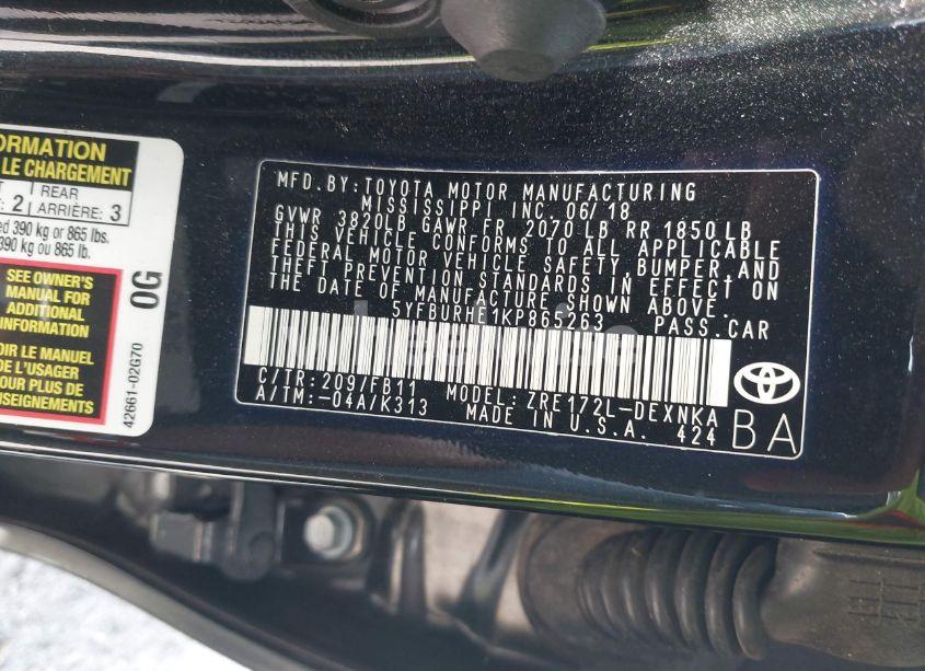 Photo 9 of 2019 Toyota Corolla LE (VIN 5YFBURHE1KP865263)