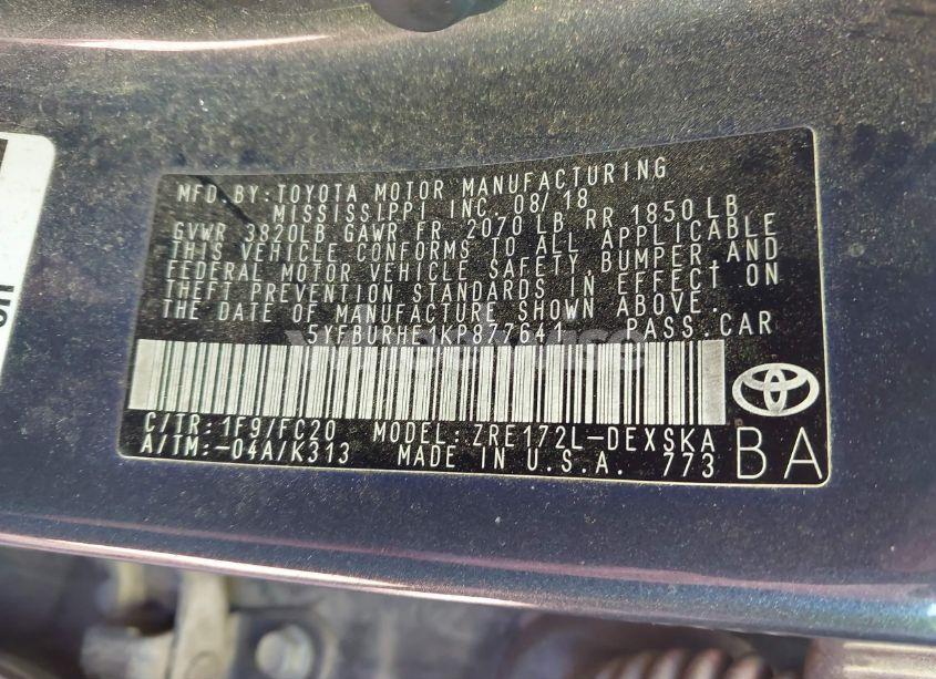 Photo 9 of 2019 Toyota Corolla SE (VIN 5YFBURHE1KP877641)