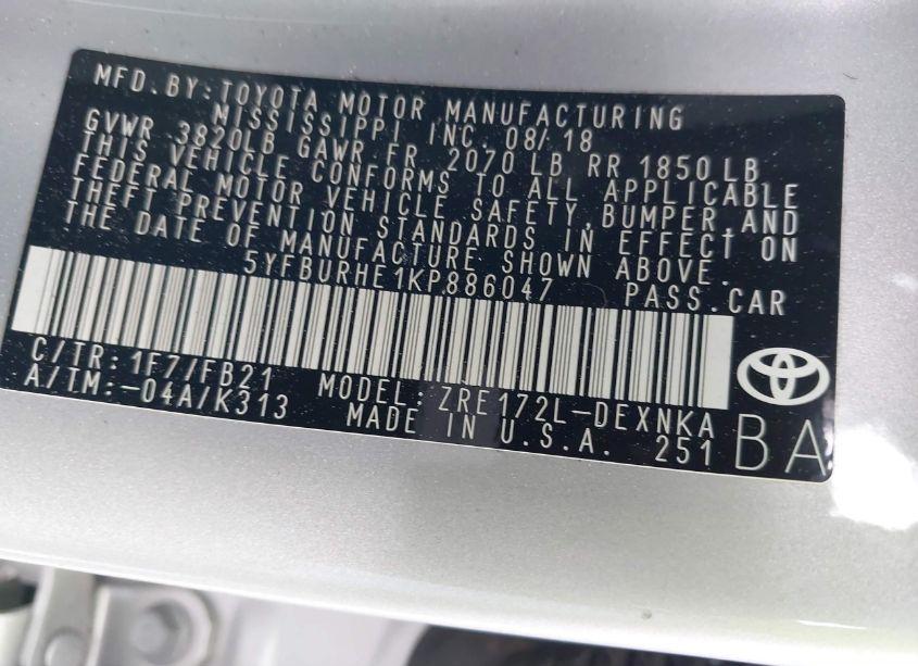 Photo 9 of 2019 Toyota Corolla LE (VIN 5YFBURHE1KP886047)