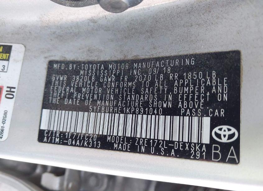 Photo 9 of 2019 Toyota Corolla SE (VIN 5YFBURHE1KP891040)