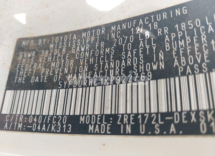 Photo 9 of 2019 Toyota Corolla SE (VIN 5YFBURHE1KP922769)