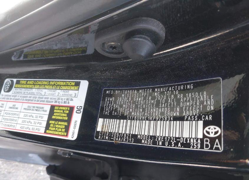 Photo 9 of 2019 Toyota Corolla LE (VIN 5YFBURHE1KP925834)