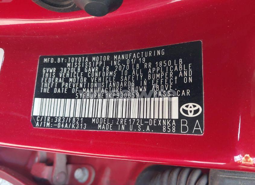 Photo 9 of 2019 Toyota Corolla LE (VIN 5YFBURHE1KP930659)