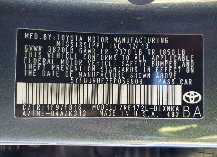 Photo 9 of 2014 Toyota Corolla LE (VIN 5YFBURHE2EP059808)