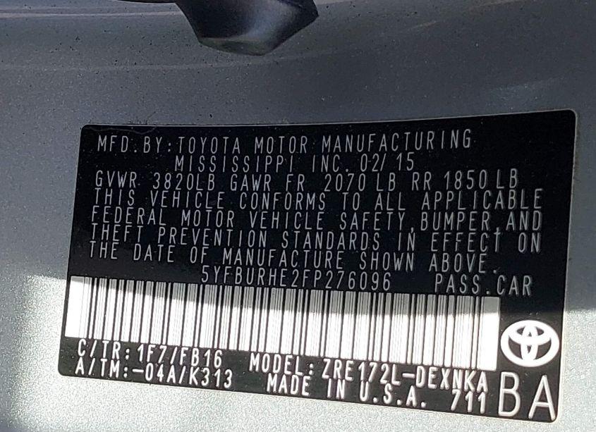 Photo 9 of 2015 Toyota Corolla LE (VIN 5YFBURHE2FP276096)